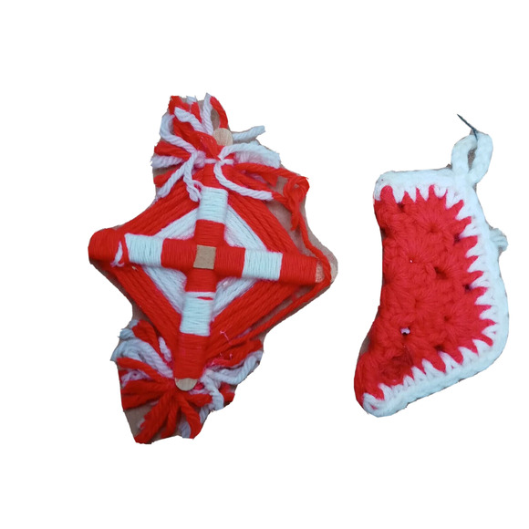 Vintage Handmade Primitive Christmas Ornaments Set Crochet Knit Fabric 5pc - Picture 4 of 13